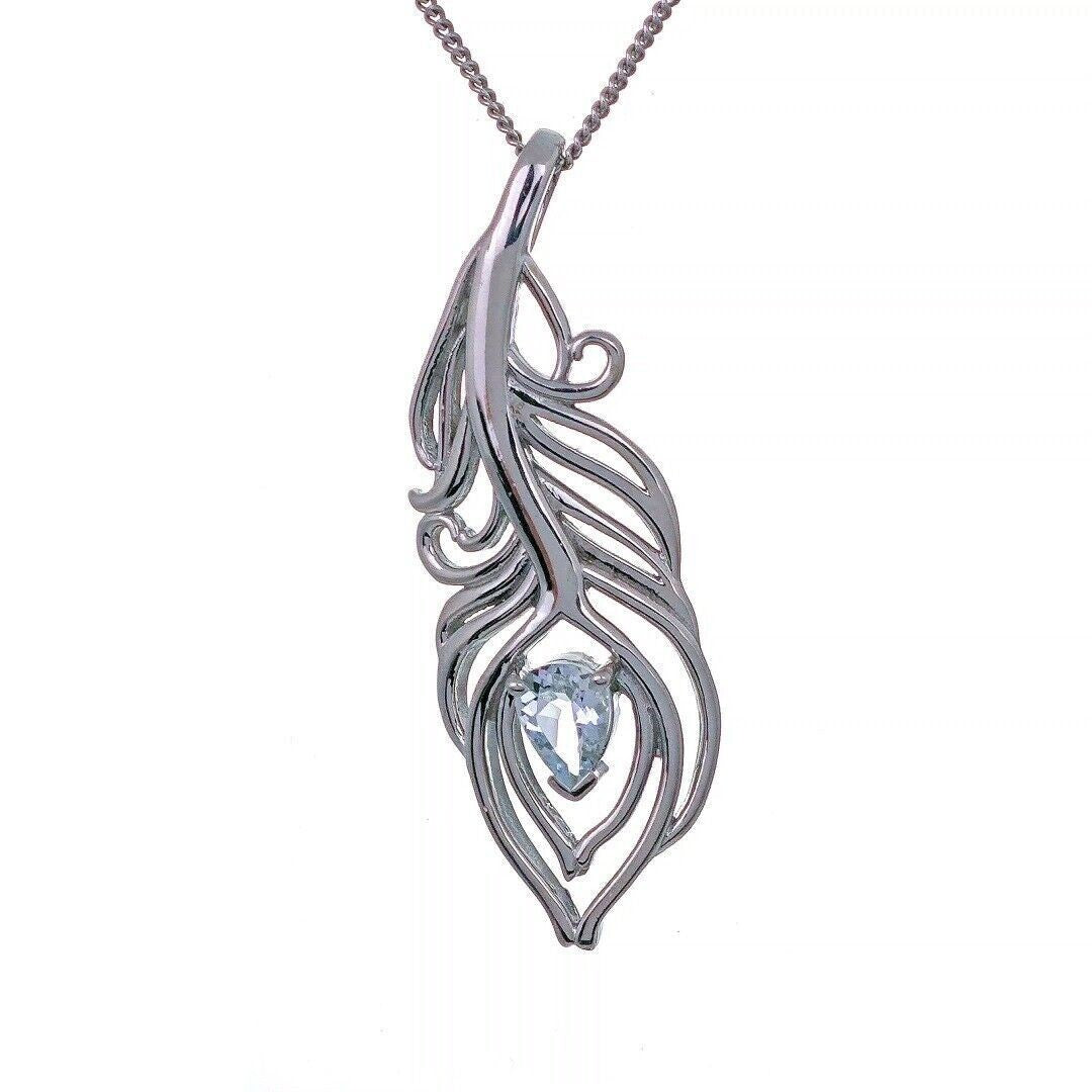 Aquamarine Necklace Peacock Feather Pendant Sterling Silver March Birthstone