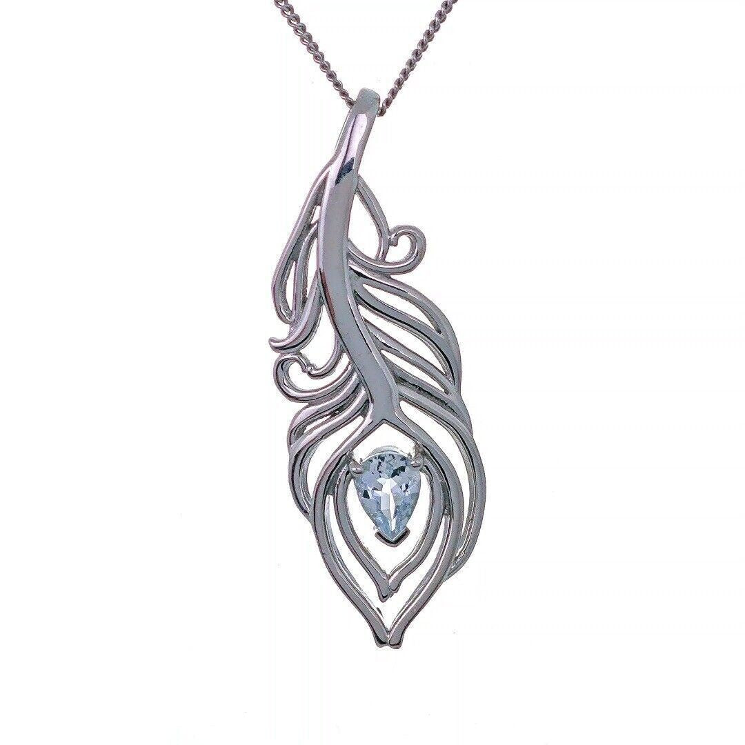 Aquamarine Necklace Peacock Feather Pendant Sterling Silver March Birthstone