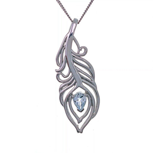 Aquamarine Necklace Peacock Feather Pendant Sterling Silver March Birthstone