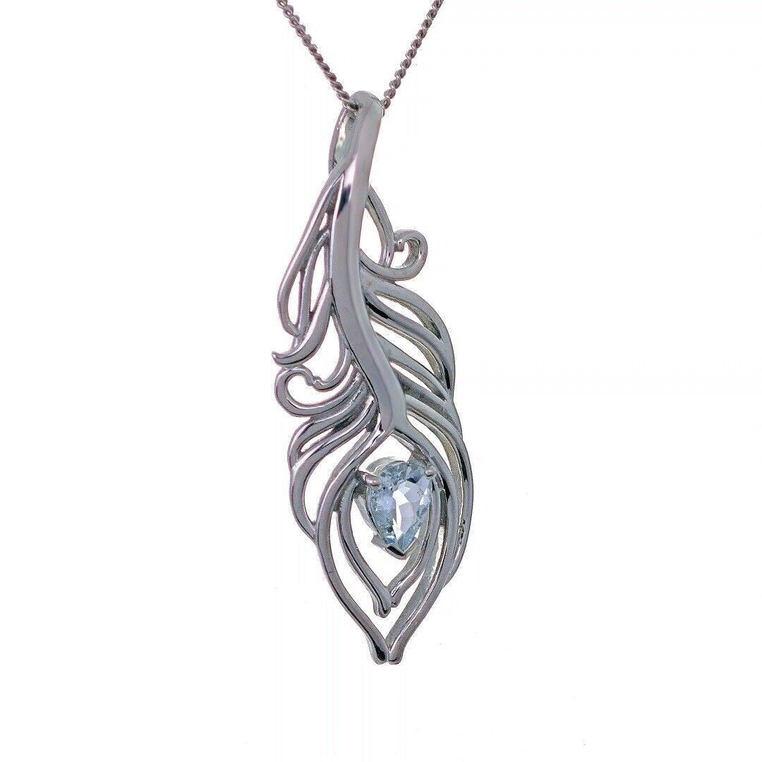 Aquamarine Necklace Peacock Feather Pendant Sterling Silver March Birthstone