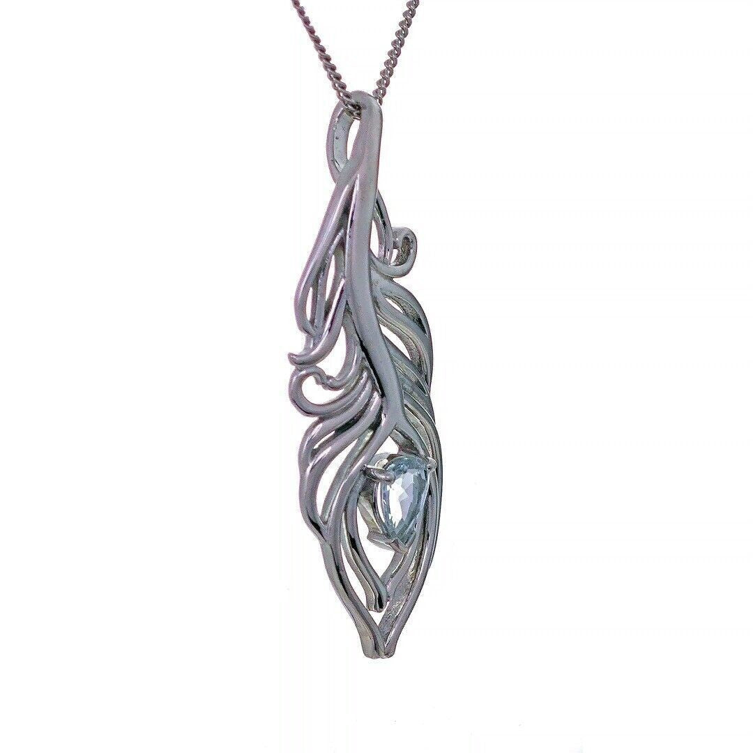 Aquamarine Necklace Peacock Feather Pendant Sterling Silver March Birthstone