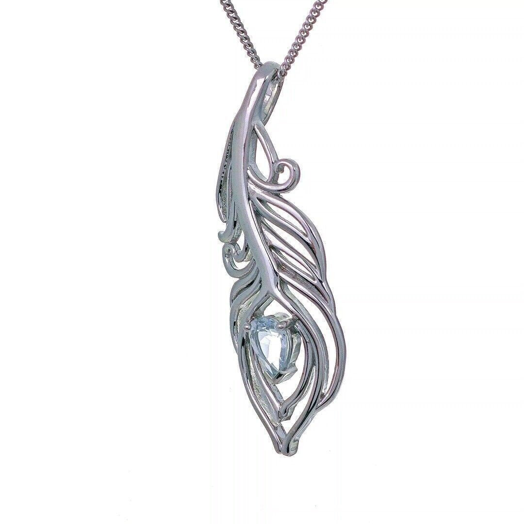 Aquamarine Necklace Peacock Feather Pendant Sterling Silver March Birthstone