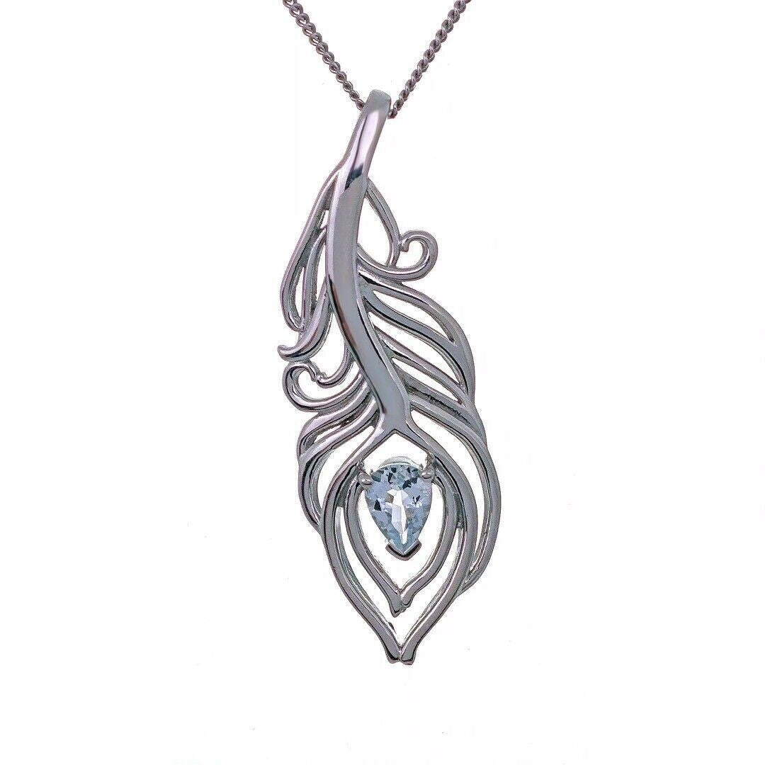 Aquamarine Necklace Peacock Feather Pendant Sterling Silver March Birthstone