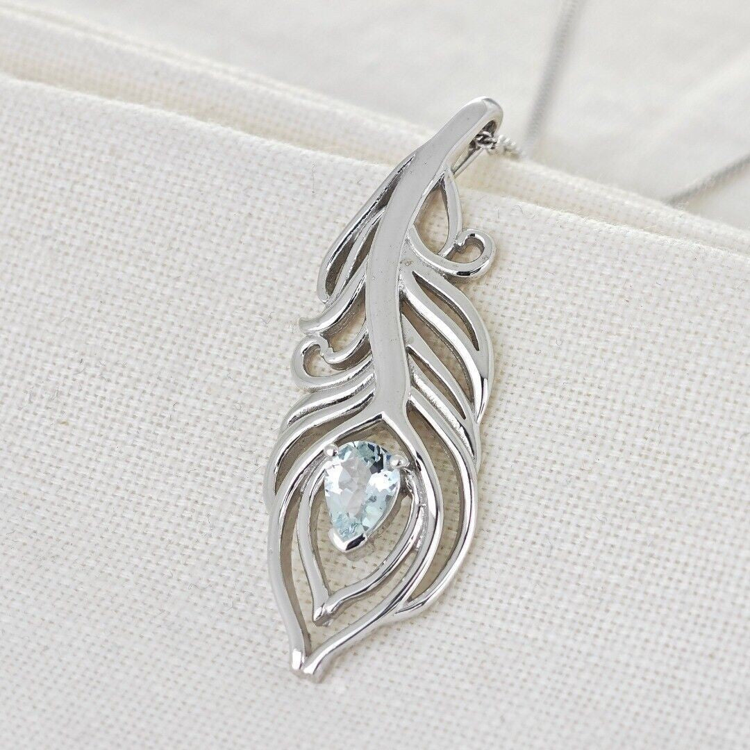 Aquamarine Necklace Peacock Feather Pendant Sterling Silver March Birthstone