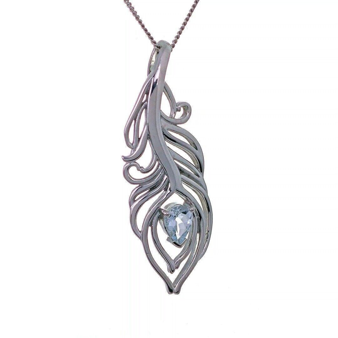 Aquamarine Necklace Peacock Feather Pendant Sterling Silver March Birthstone