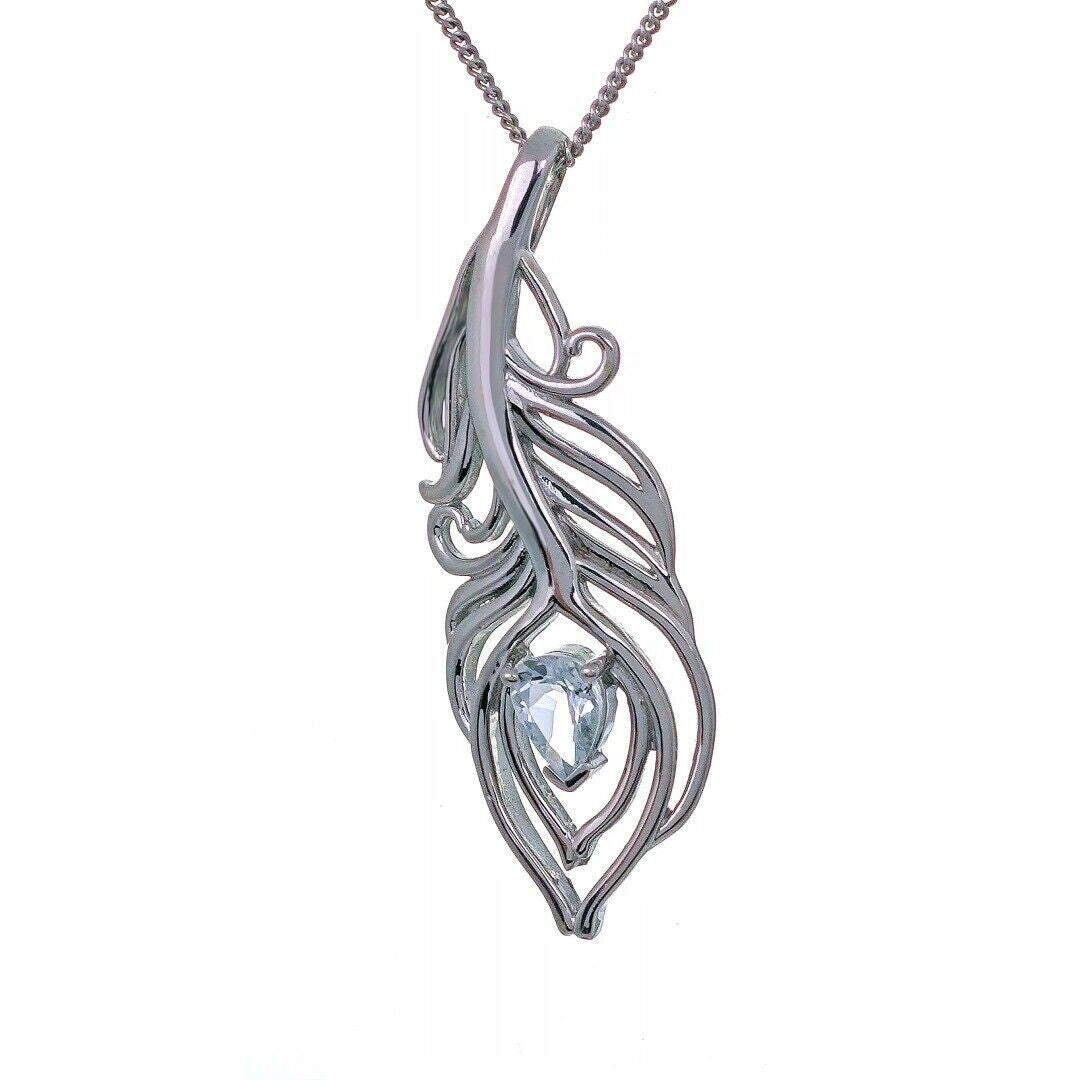 Aquamarine Necklace Peacock Feather Pendant Sterling Silver March Birthstone