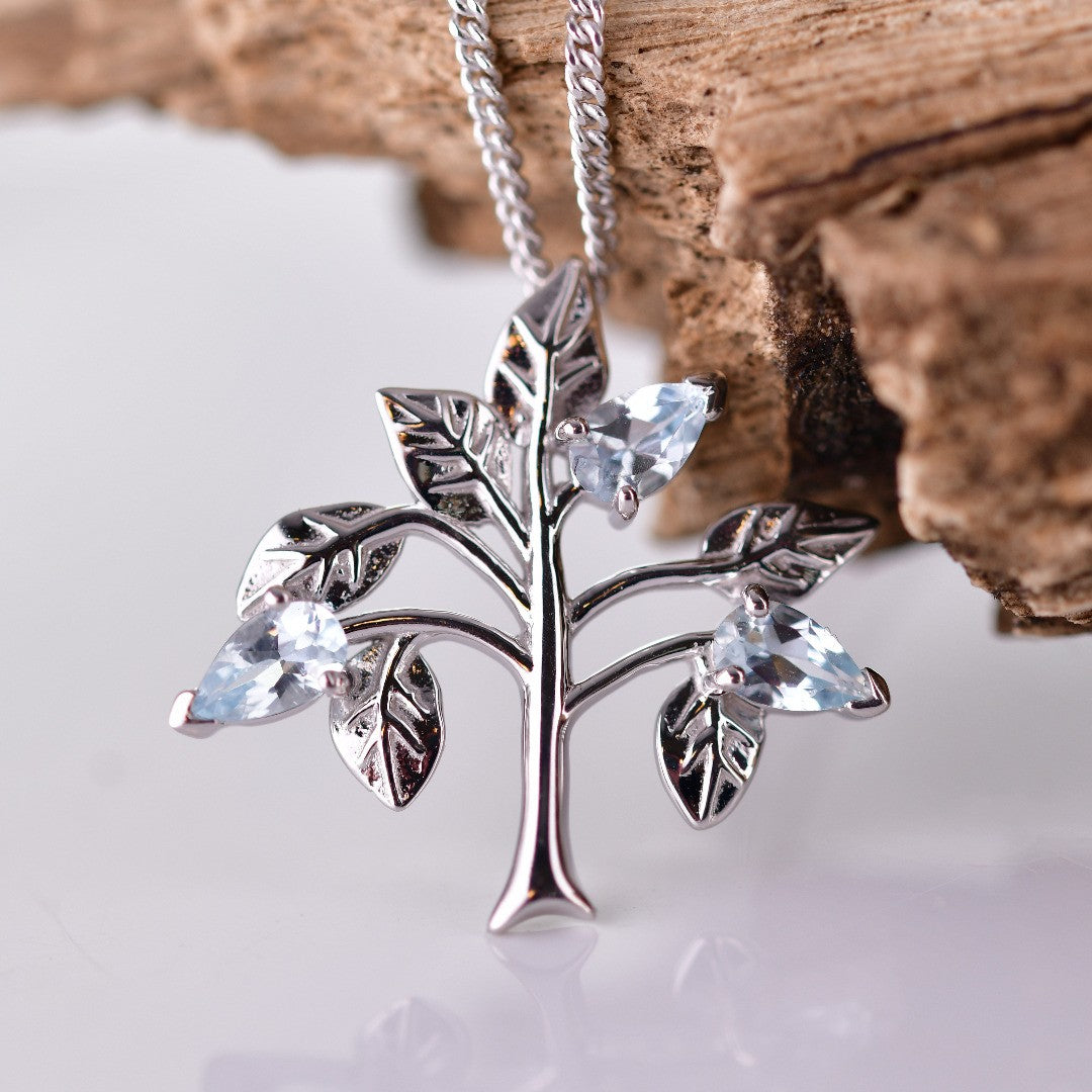 Aquamarine Necklace  Tree of Life Pendant Sterling Silver March Birthday Boxed Gift