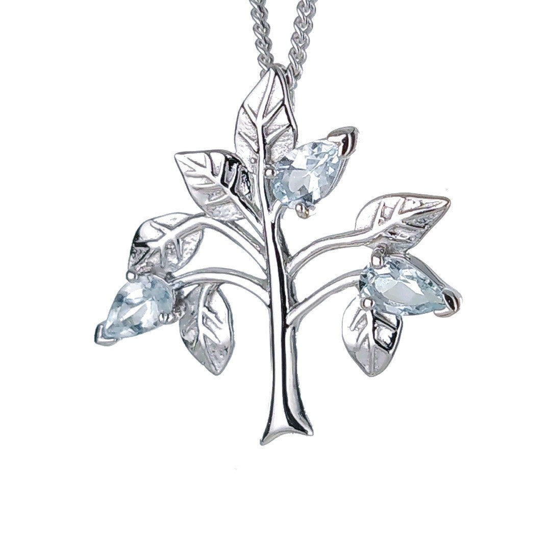 Aquamarine Necklace  Tree of Life Pendant Sterling Silver March Birthday Boxed Gift