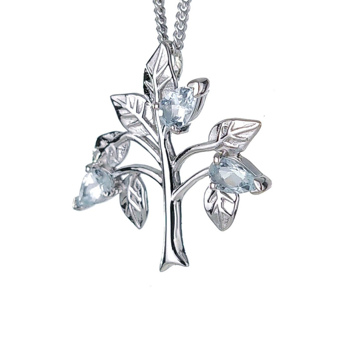 Aquamarine Necklace  Tree of Life Pendant Sterling Silver March Birthday Boxed Gift