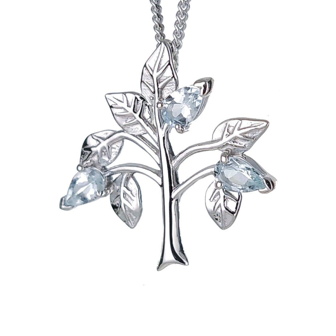 Aquamarine Necklace  Tree of Life Pendant Sterling Silver March Birthday Boxed Gift