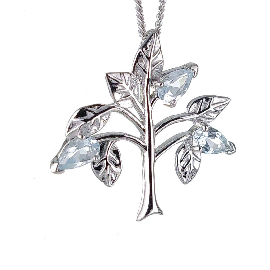 Aquamarine Necklace  Tree of Life Pendant Sterling Silver March Birthday Boxed Gift