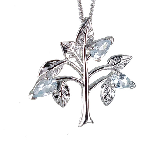 Aquamarine Necklace  Tree of Life Pendant Sterling Silver March Birthday Boxed Gift