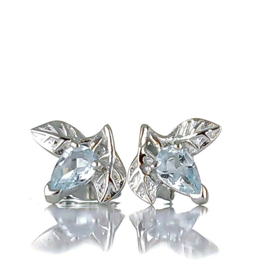 Aquamarine Earrings Leaf Studs Sterling Silver March Birthday Boxed Gift