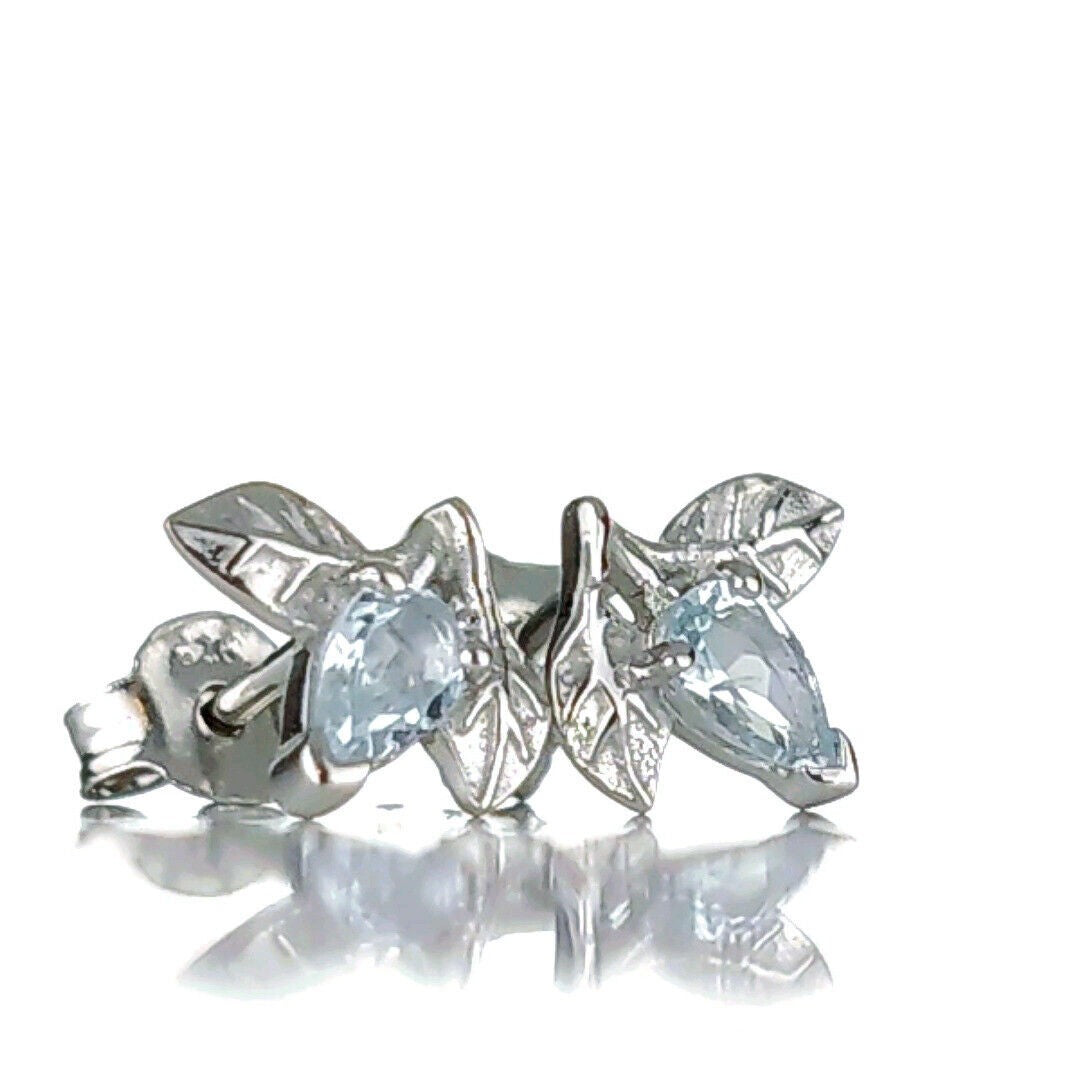 Aquamarine Earrings Leaf Studs Sterling Silver March Birthday Boxed Gift