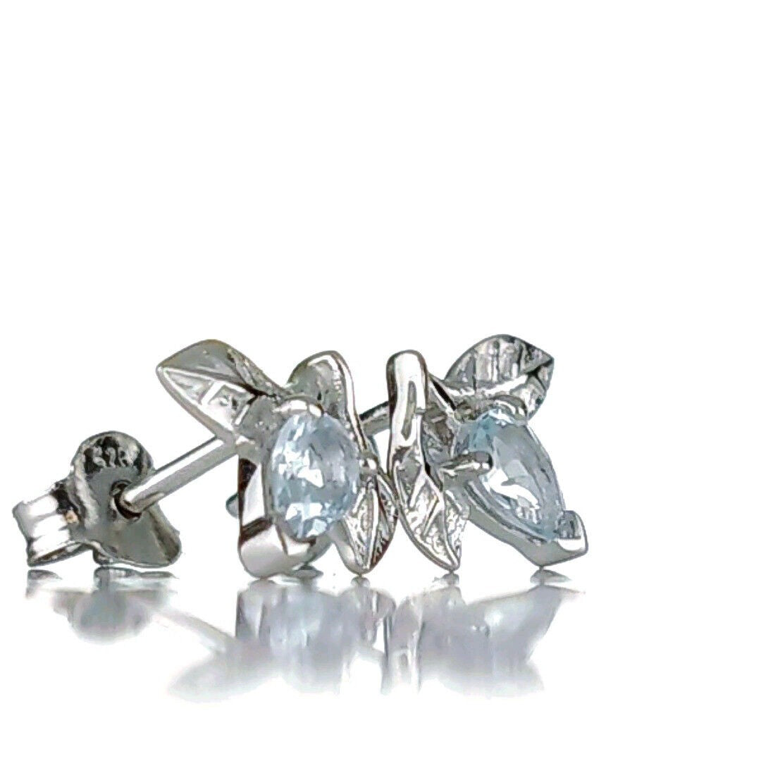 Aquamarine Earrings Leaf Studs Sterling Silver March Birthday Boxed Gift
