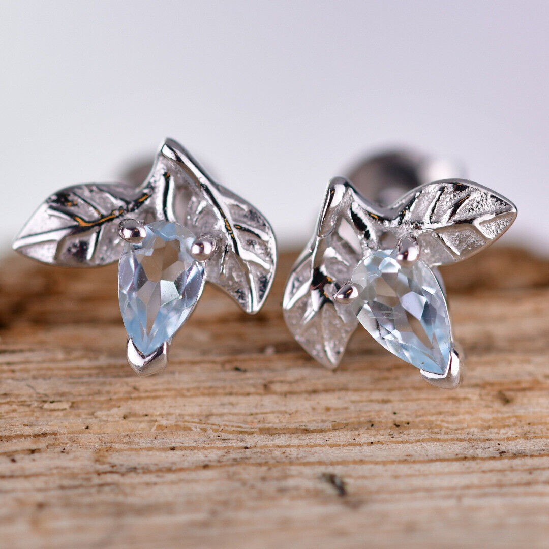 Aquamarine Earrings Leaf Studs Sterling Silver March Birthday Boxed Gift