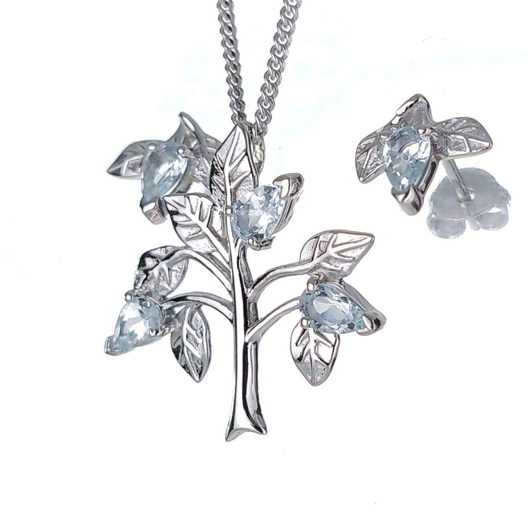 Aquamarine Necklace Earring Set Tree of Life Sterling Silver March Birthday Gift