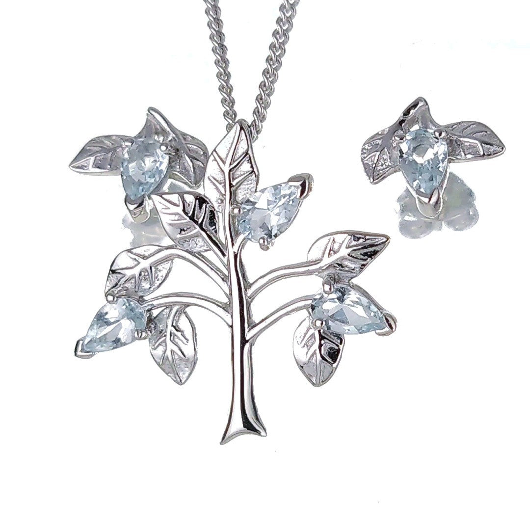 Aquamarine Necklace Earring Set Tree of Life Sterling Silver March Birthday Gift