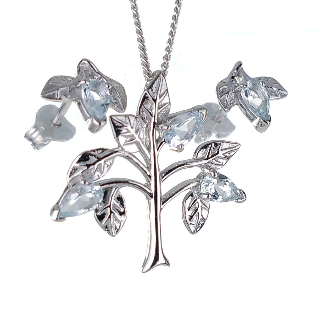 Aquamarine Necklace Earring Set Tree of Life Sterling Silver March Birthday Gift