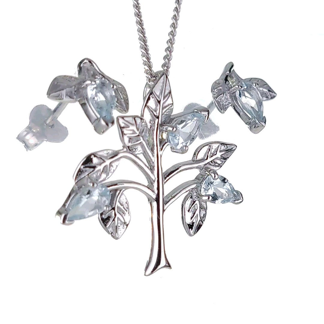 Aquamarine Necklace Earring Set Tree of Life Sterling Silver March Birthday Gift