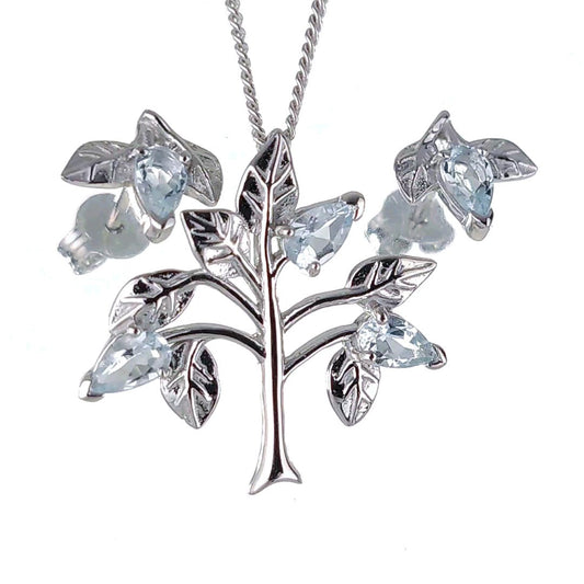 Aquamarine Necklace Earring Set Tree of Life Sterling Silver March Birthday Gift