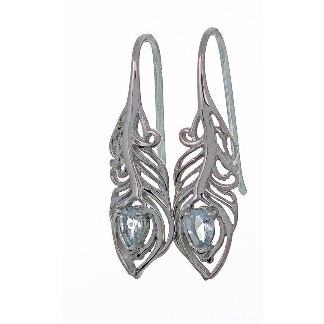 Sterling Silver Aquamarine Earrings Dangle Peacock Feather March Birthstone