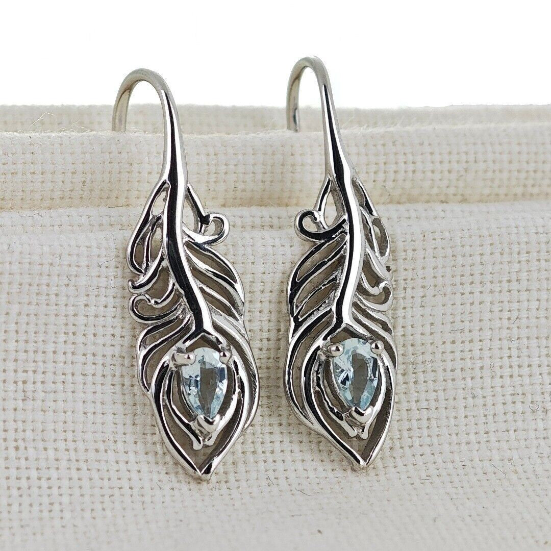 Sterling Silver Aquamarine Earrings Dangle Peacock Feather March Birthstone