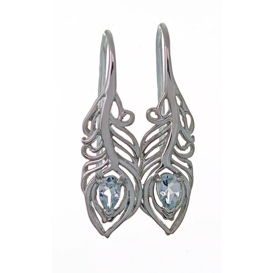 Sterling Silver Aquamarine Earrings Dangle Peacock Feather March Birthstone
