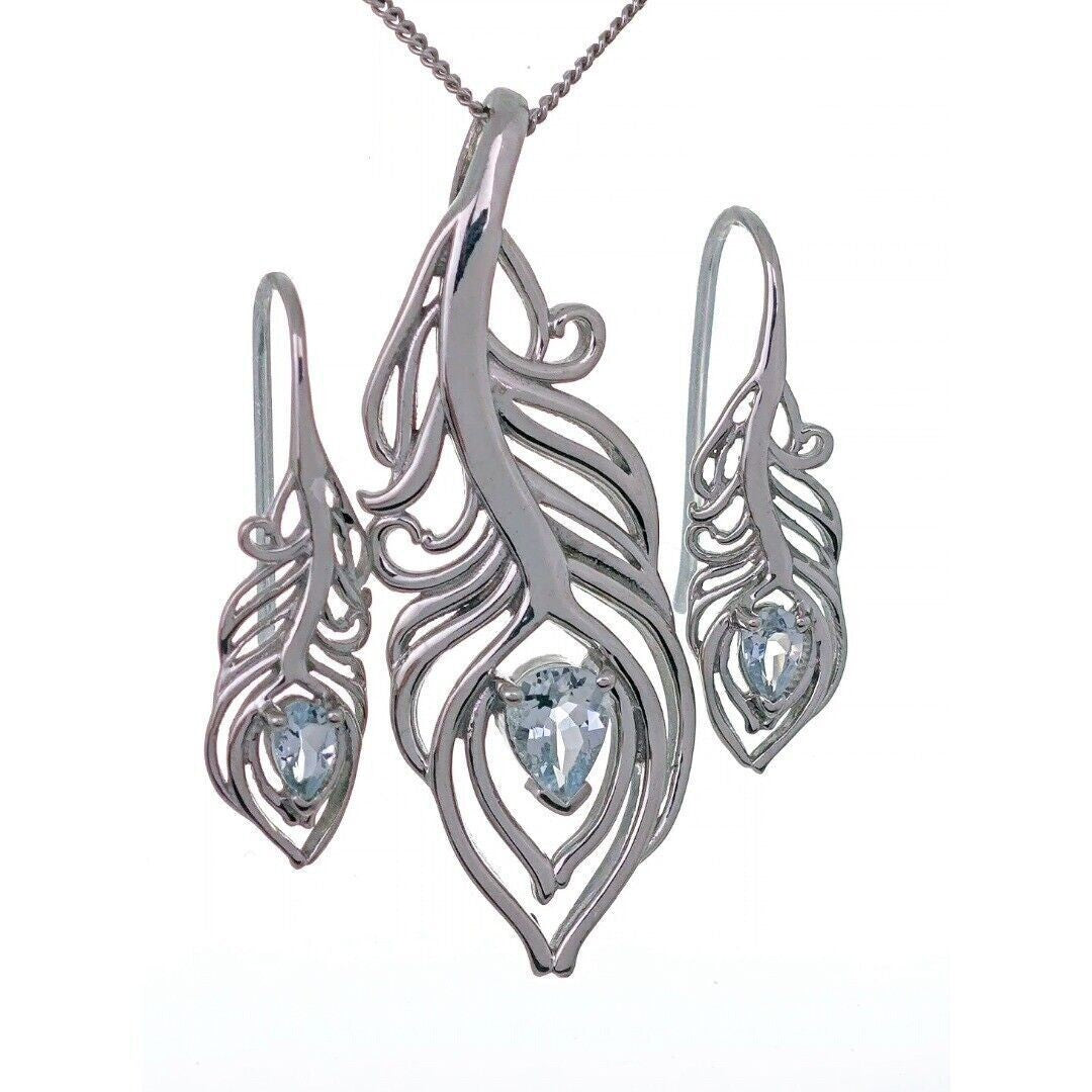 Aquamarine Peacock Feather Jewellery Set in Sterling Silver