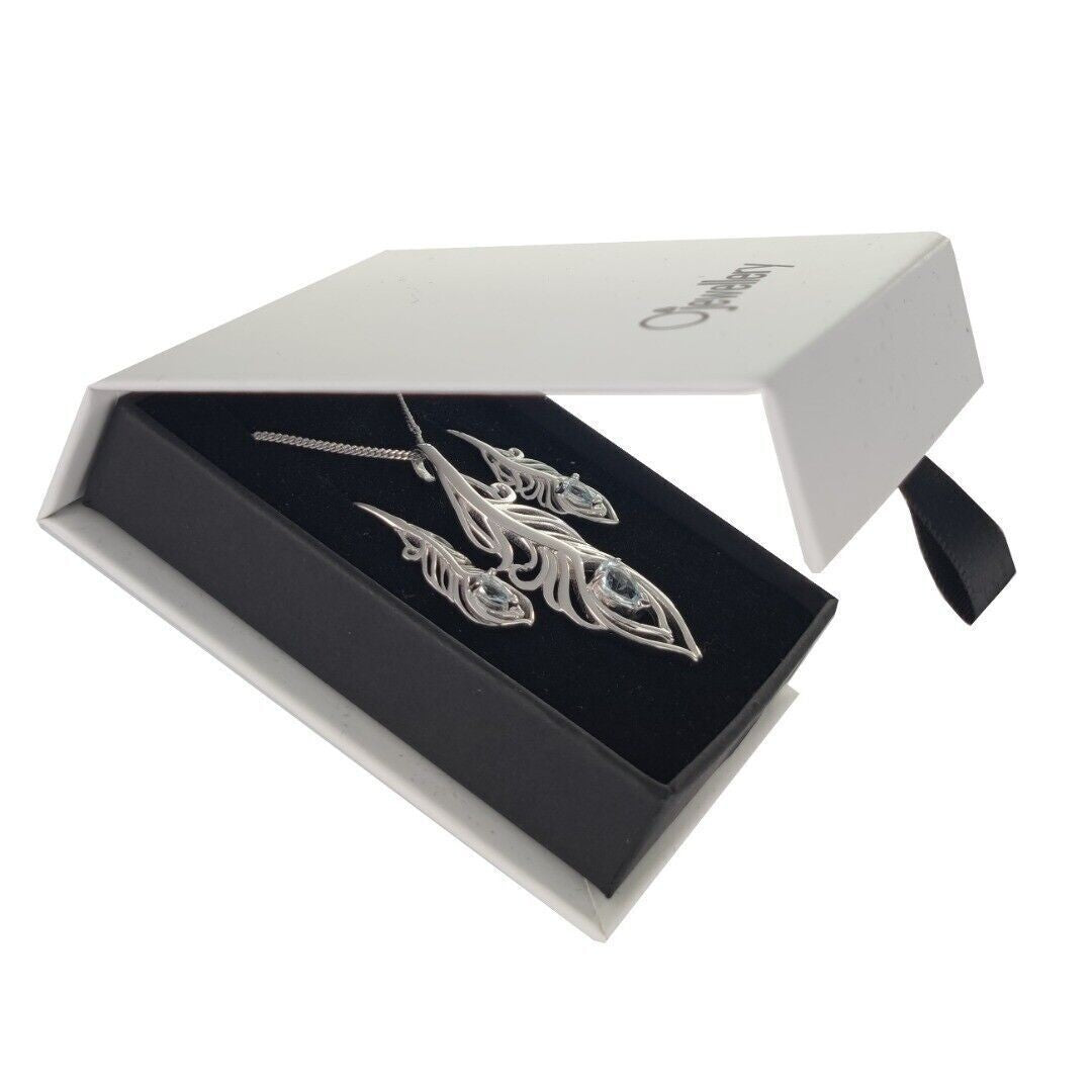 Aquamarine Peacock Feather Jewellery Set in Sterling Silver