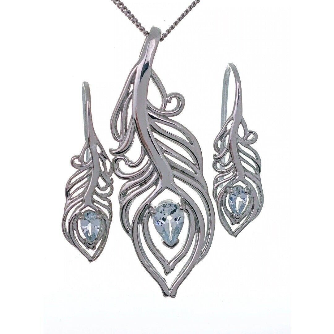 sterling silver aquamarine set peacock feather designed in the UK