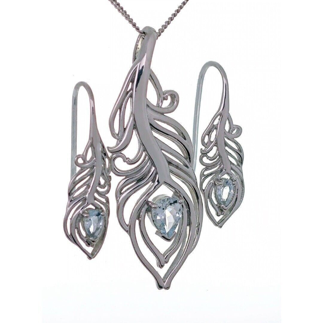 Aquamarine Peacock Feather Jewellery Set in Sterling Silver