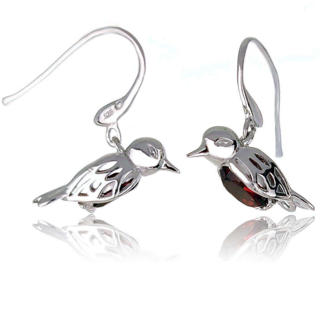 robin red breast earrings sterling silver real garnet dangle personalised christmas gift january birthstone designed in the UK