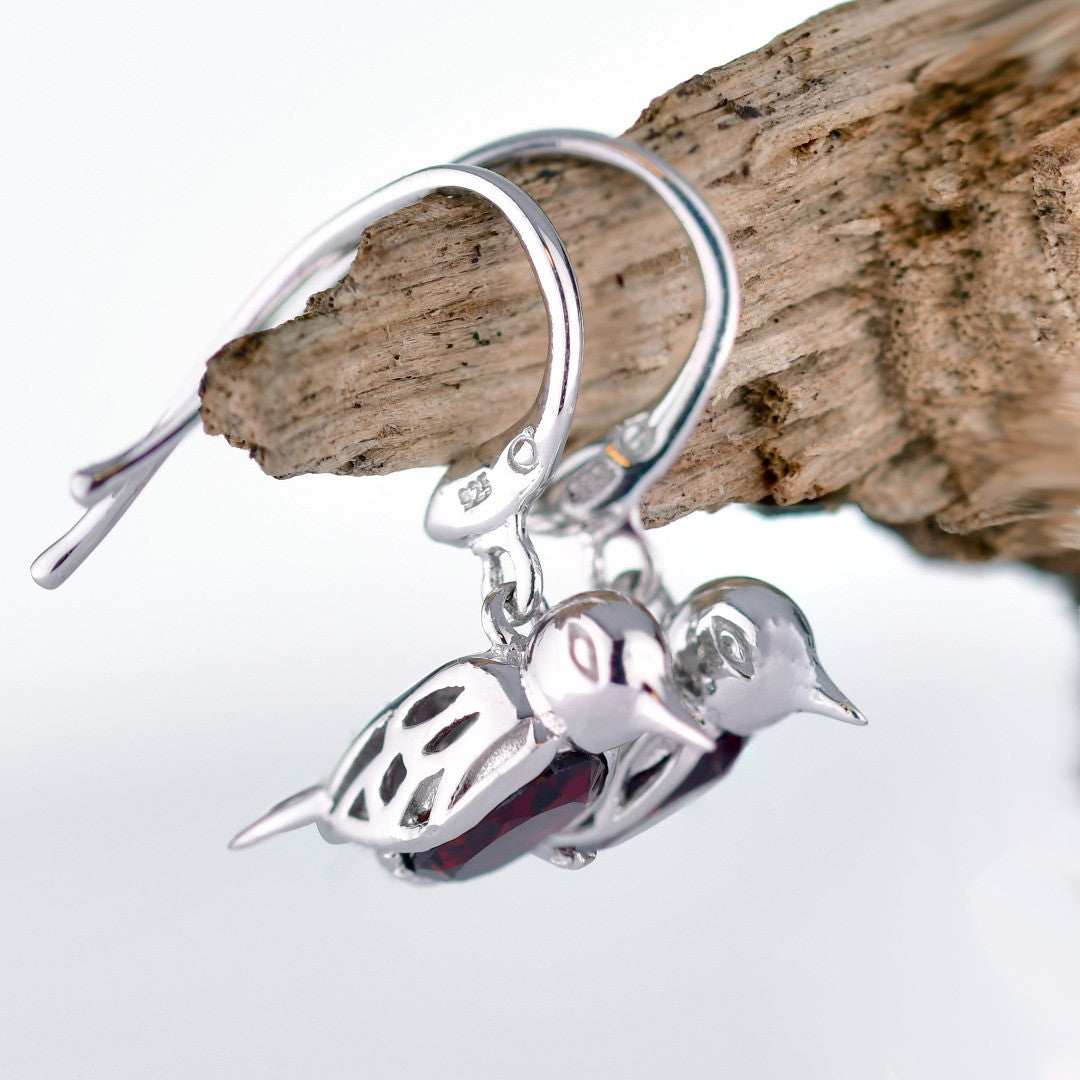 Robin Red Breast Earrings Sterling Silver Real Garnet Dangle Personalised Christmas Gift January Birthstone