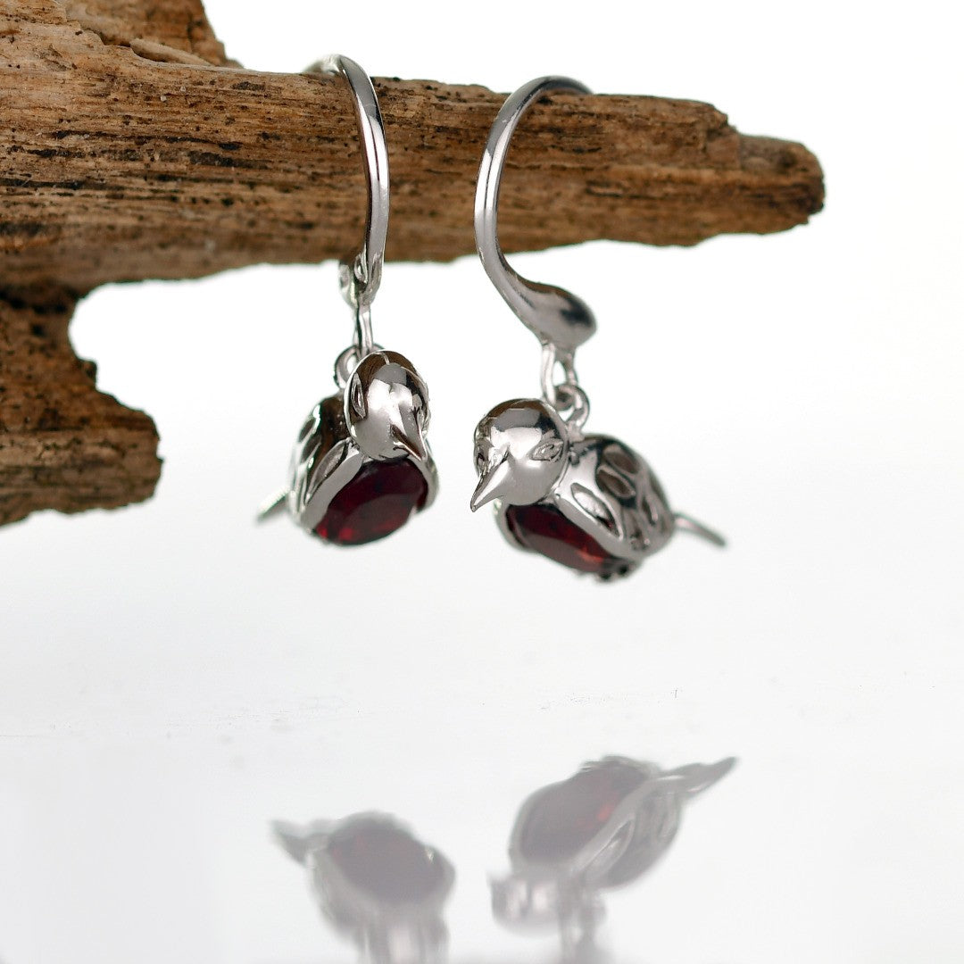 Robin Red Breast Earrings Sterling Silver Real Garnet Dangle Personalised Christmas Gift January Birthstone