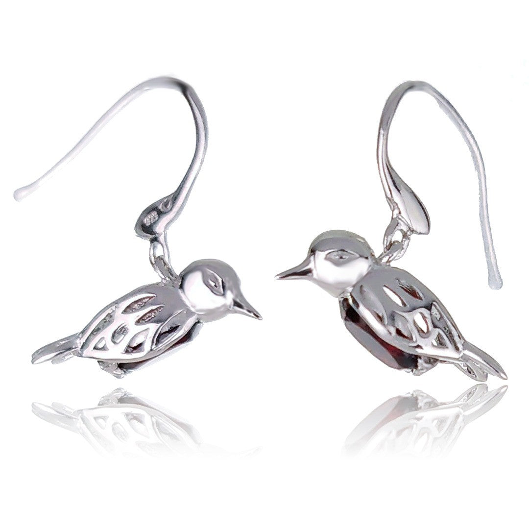 Robin Red Breast Earrings Sterling Silver Real Garnet Dangle Personalised Christmas Gift January Birthstone