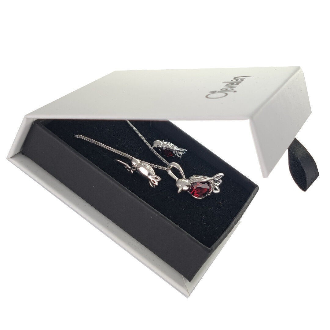 Robin Necklace Earring Set Sterling Silver Real Garnet Personalised Christmas Gift January Birthstone