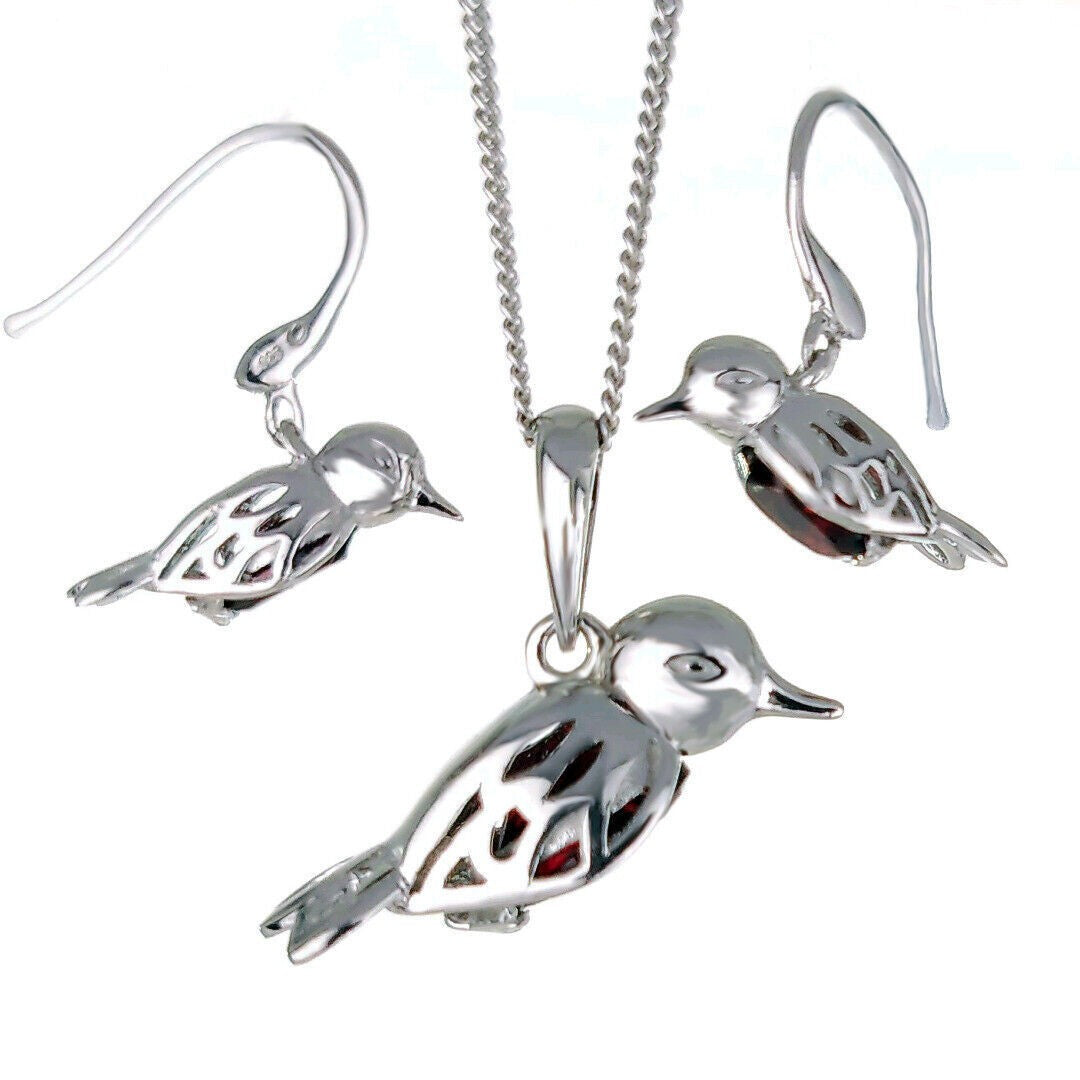 Robin Necklace Earring Set Sterling Silver Real Garnet Personalised Christmas Gift January Birthstone