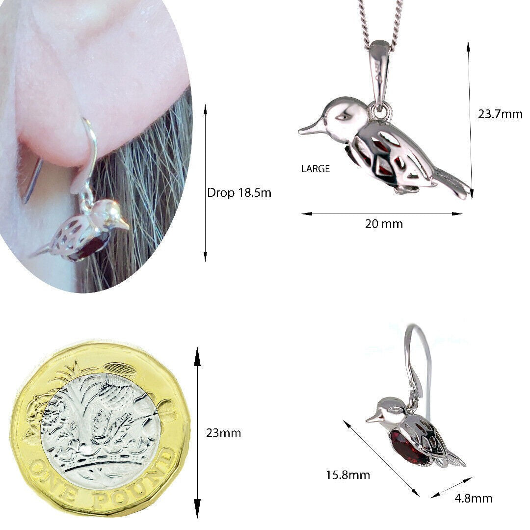 Robin Necklace Earring Set Sterling Silver Real Garnet Personalised Christmas Gift January Birthstone