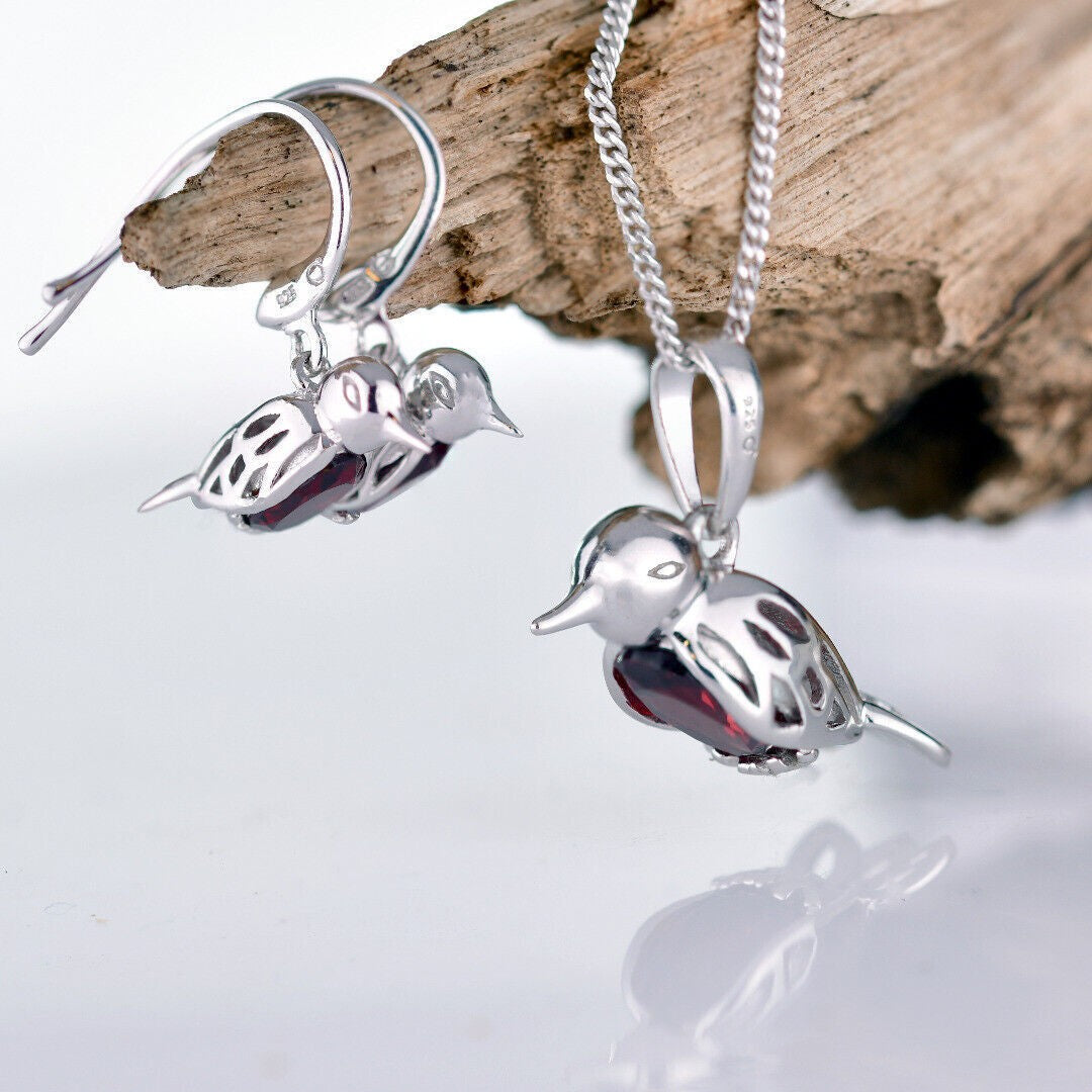 Robin Necklace Earring Set Sterling Silver Real Garnet Personalised Christmas Gift January Birthstone