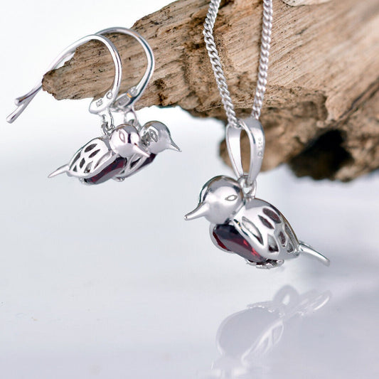 Robin Necklace Earring Set Sterling Silver Real Garnet Personalised Christmas Gift January Birthstone
