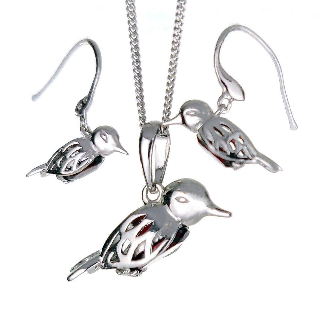 Robin Necklace Earring Set Sterling Silver Real Garnet Personalised Christmas Gift January Birthstone