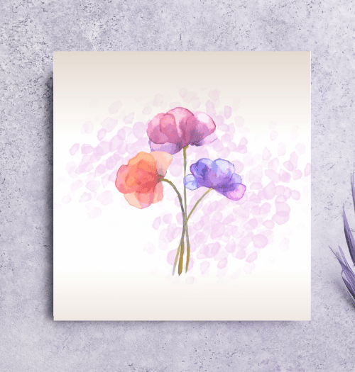 Floral painting with pink, orange, and blue flowers on a textured surface