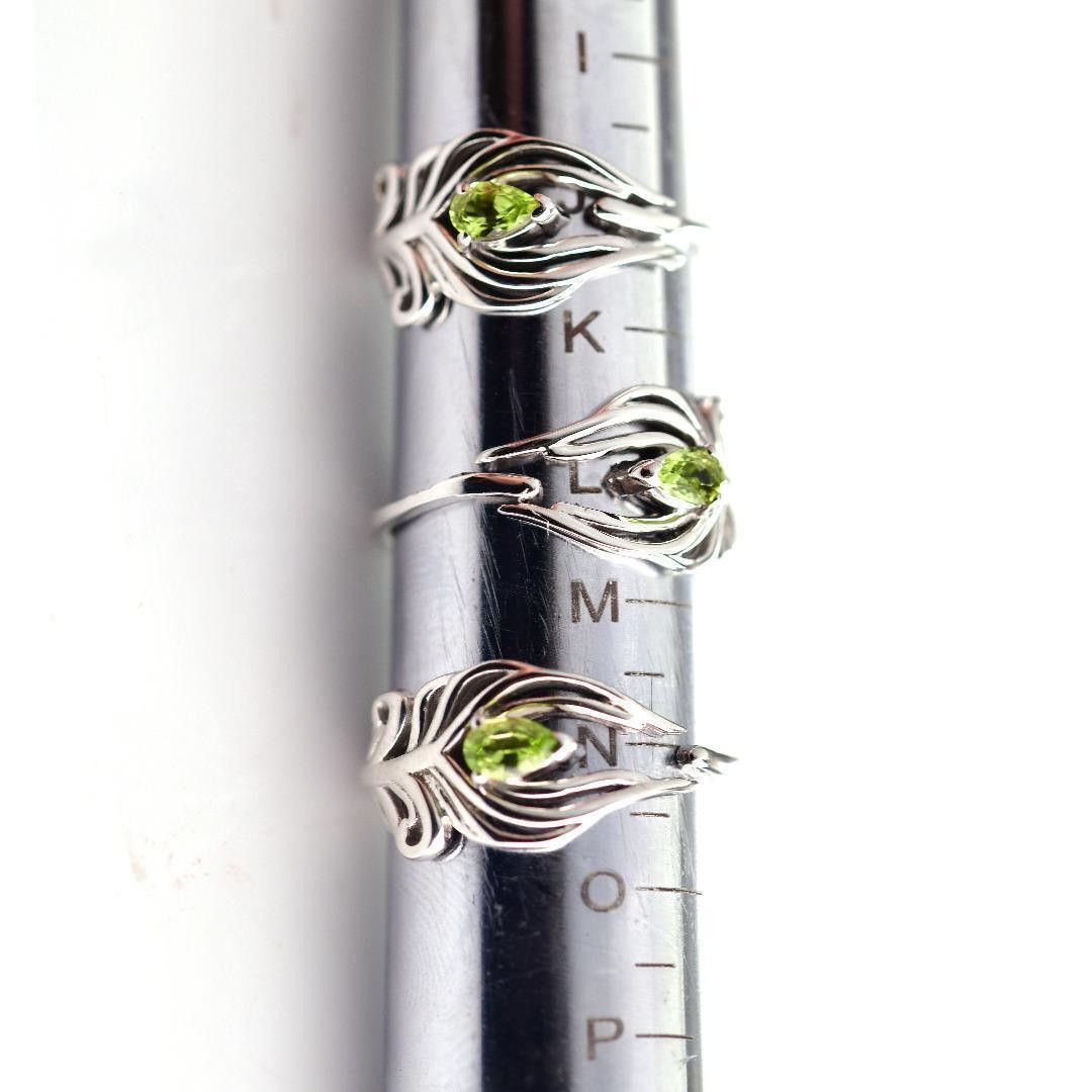 Sterling Silver Peridot Ring Size J-S Adjustable Green Peacock Feather August Birthstone