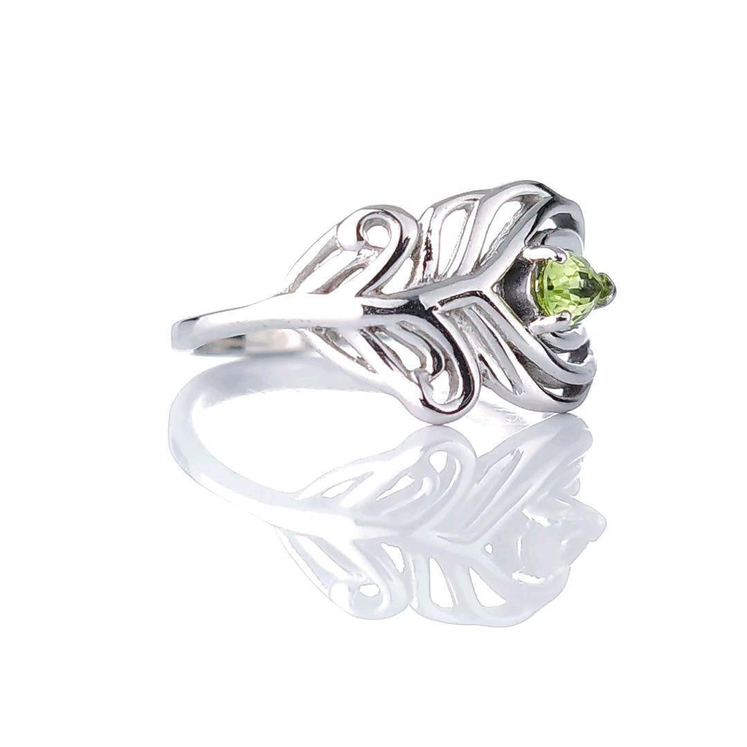 Sterling Silver Peridot Ring Size J-S Adjustable Green Peacock Feather August Birthstone