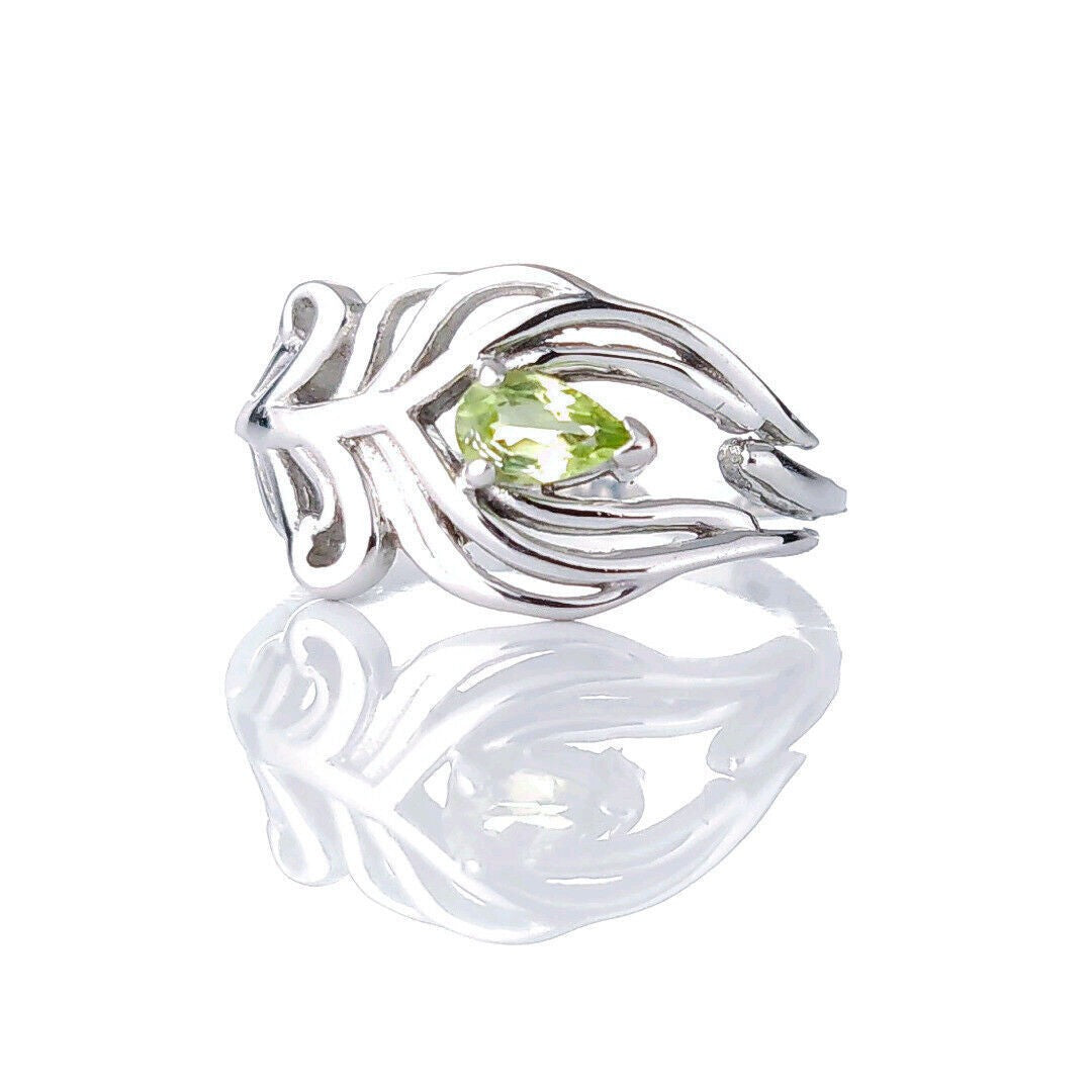 Sterling Silver Peridot Ring Size J-S Adjustable Green Peacock Feather August Birthstone