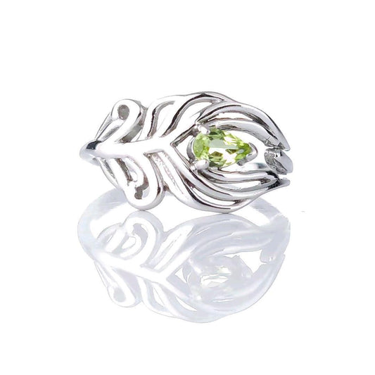 Sterling Silver Peridot Ring Size J-S Adjustable Green Peacock Feather August Birthstone