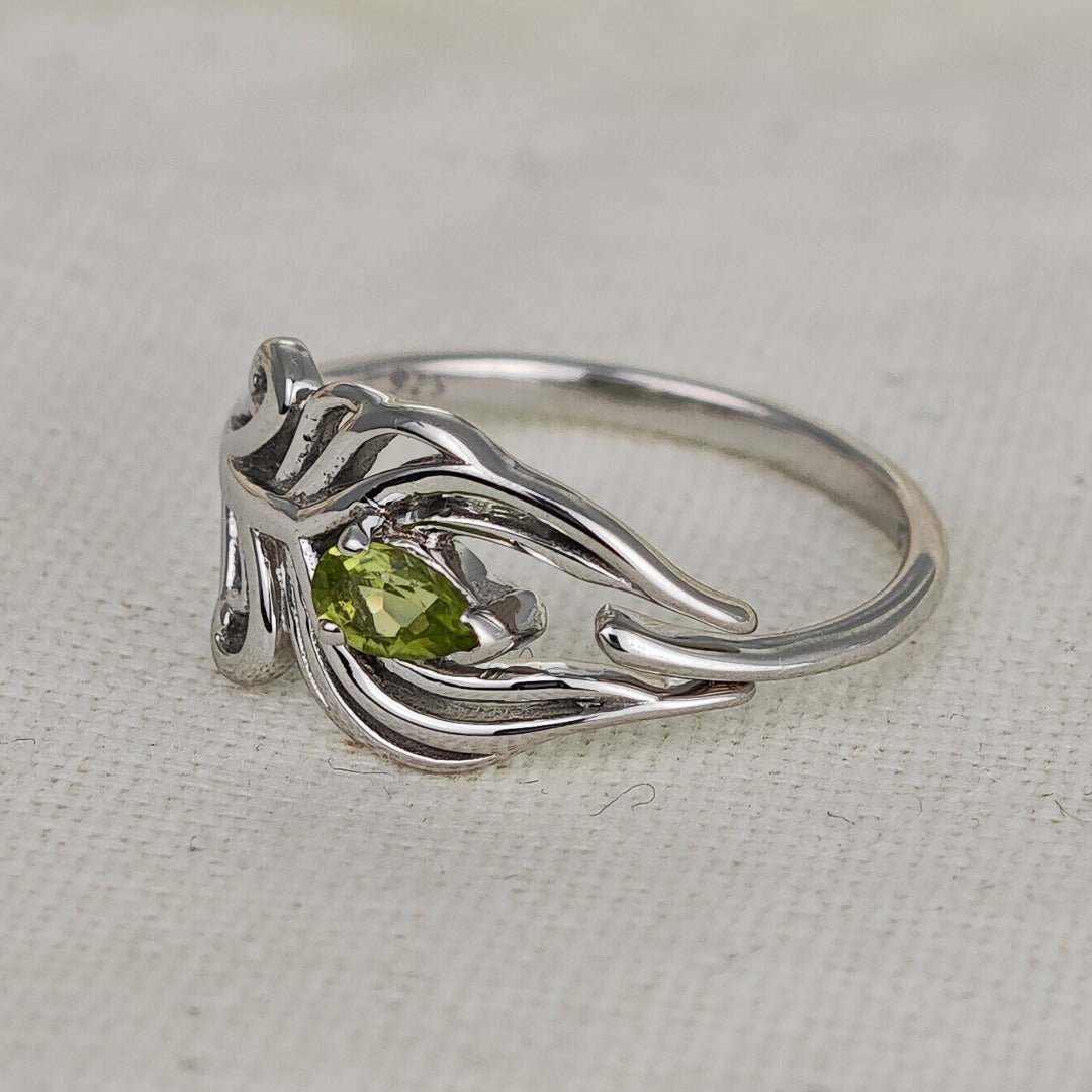 Sterling Silver Peridot Ring Size J-S Adjustable Green Peacock Feather August Birthstone