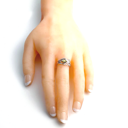 Sterling Silver Peridot Ring Size J-S Adjustable Green Peacock Feather August Birthstone