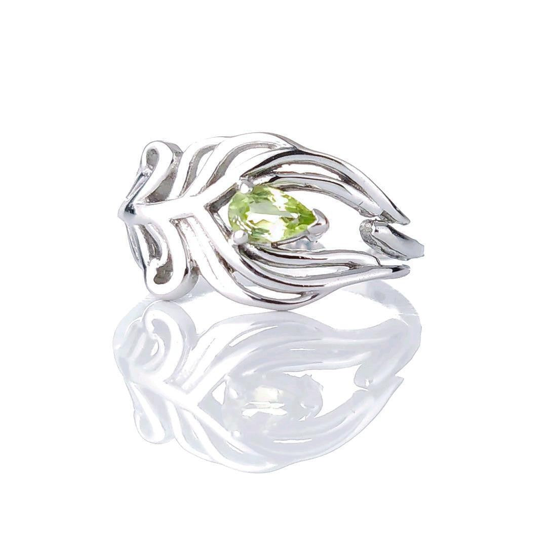 Sterling Silver Peridot Ring Size J-S Adjustable Green Peacock Feather August Birthstone
